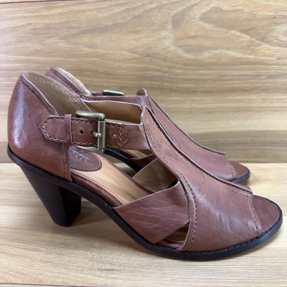 TRASK Anthropologie Ginger Peep Toe Pumps 7 M Brown Leather Buckle Sandals